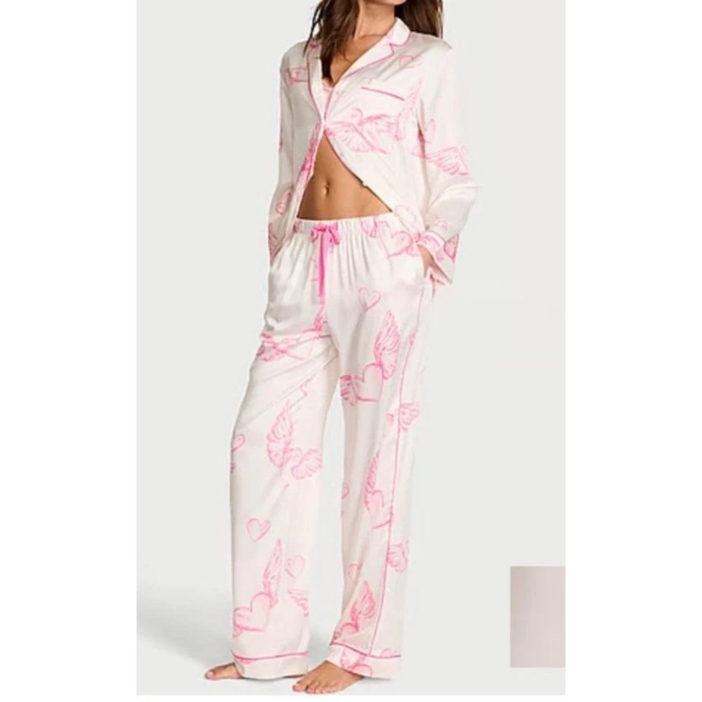 Victorias Secret Satin Pajama Set Pink White Angel Wing Print 2 Piece M